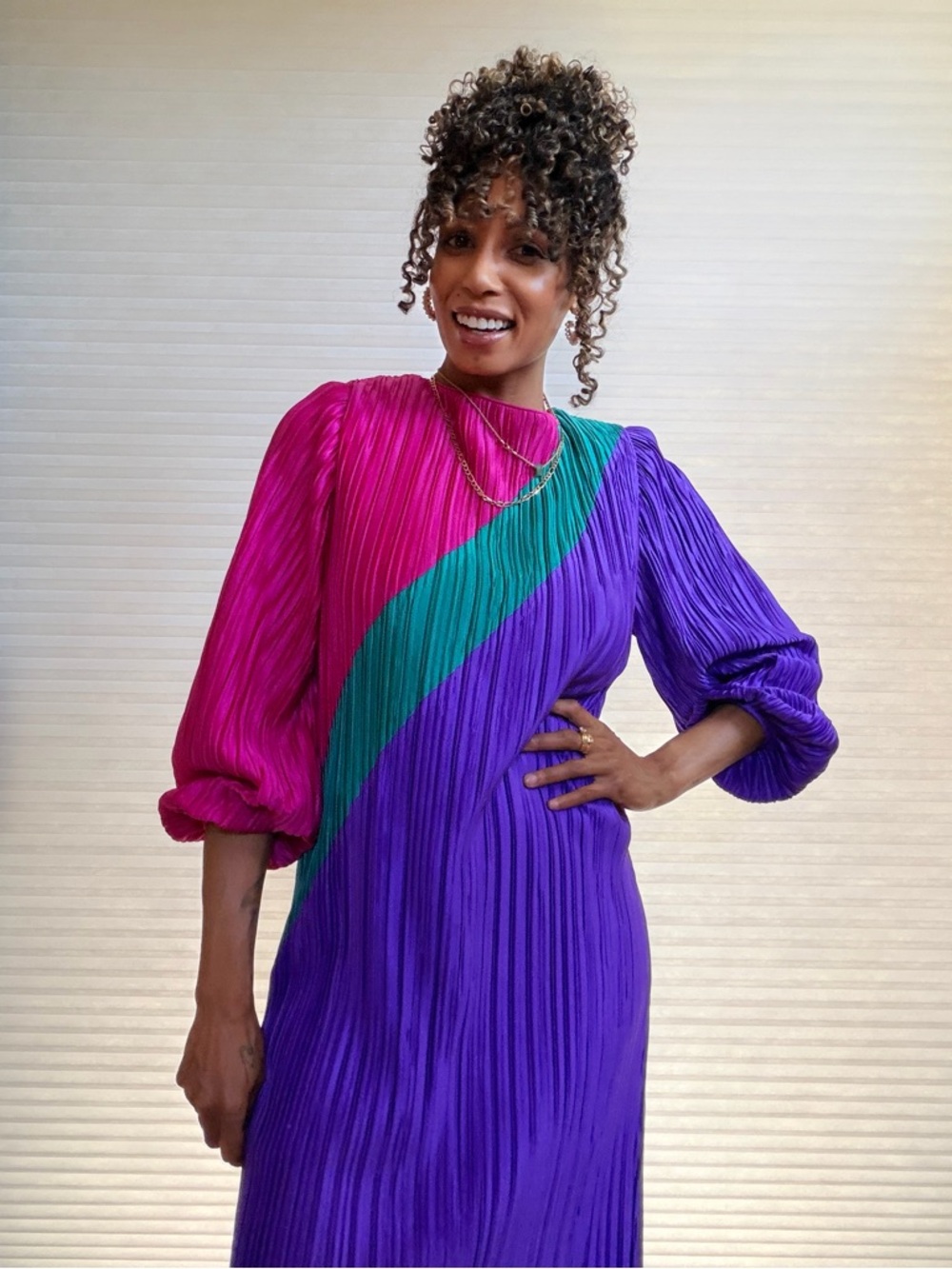 Vintage 80s Lisa Michaels Pleated Colorblock Dress - Picture 4 of 11